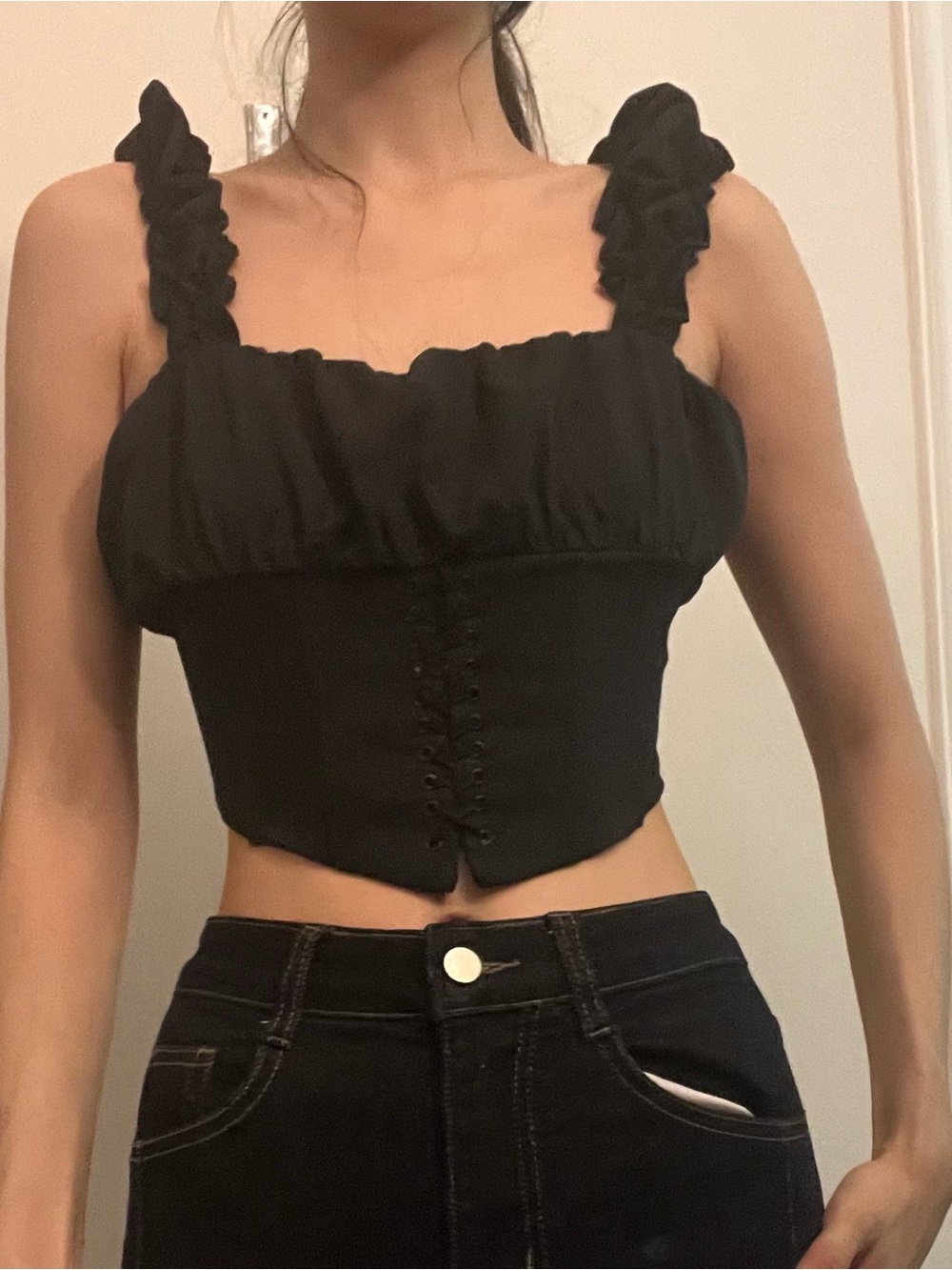 Kendall & Kylie Black Lace-Up Corset Crop Top with Ruffle Straps